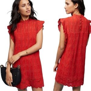 Anthropologie Tularosa Chetna Lace Tunic Dress Red Embroidered Mini Size Medium